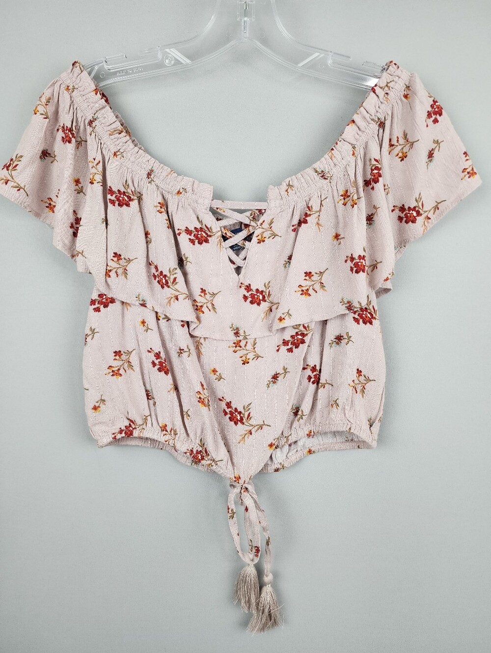American Eagle Crop Top -  Taupe  Floral Off-Shoulder Sz Medium
